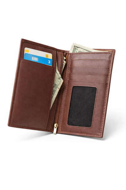 Executive Genuine Leather Long Wallet – Premium 7" Slim Design with ID Window & Secure Zip Pocket